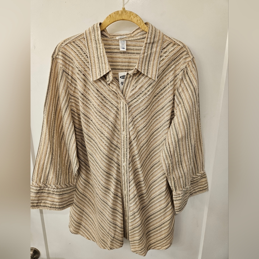 NWT - Linen Cotton Blend Old Navy Tan Striped Blouse - Size XXL